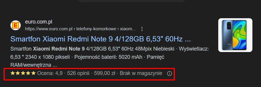 Wynik wyszukiwania wzbogacony o fragmenty rozszerzone w wyniku użycia znaczników Schema