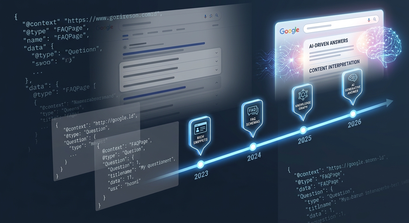 A clean, modern editorial illustration showing a digital timeline with glowing milestone markers stretching from 2023 to 2026, set against a dark tech-themed background. In the foreground, structured data code fragments in JSON-LD format float translucently, partially fading on the left side while remaining solid and intact on the right. A stylized search results page is visible in the background, with FAQ accordion-style expandable sections dimming and disappearing, while an AI-powered search interface with neural network patterns glows brightly in the opposite corner. The overall color palette uses deep navy blue and charcoal with accents of Google-inspired cool blue and white, conveying a sense of technical transition, data continuity, and the shift from visual search features toward AI-driven content interpretation. Photorealistic digital art style with clean lines and subtle glow effects.