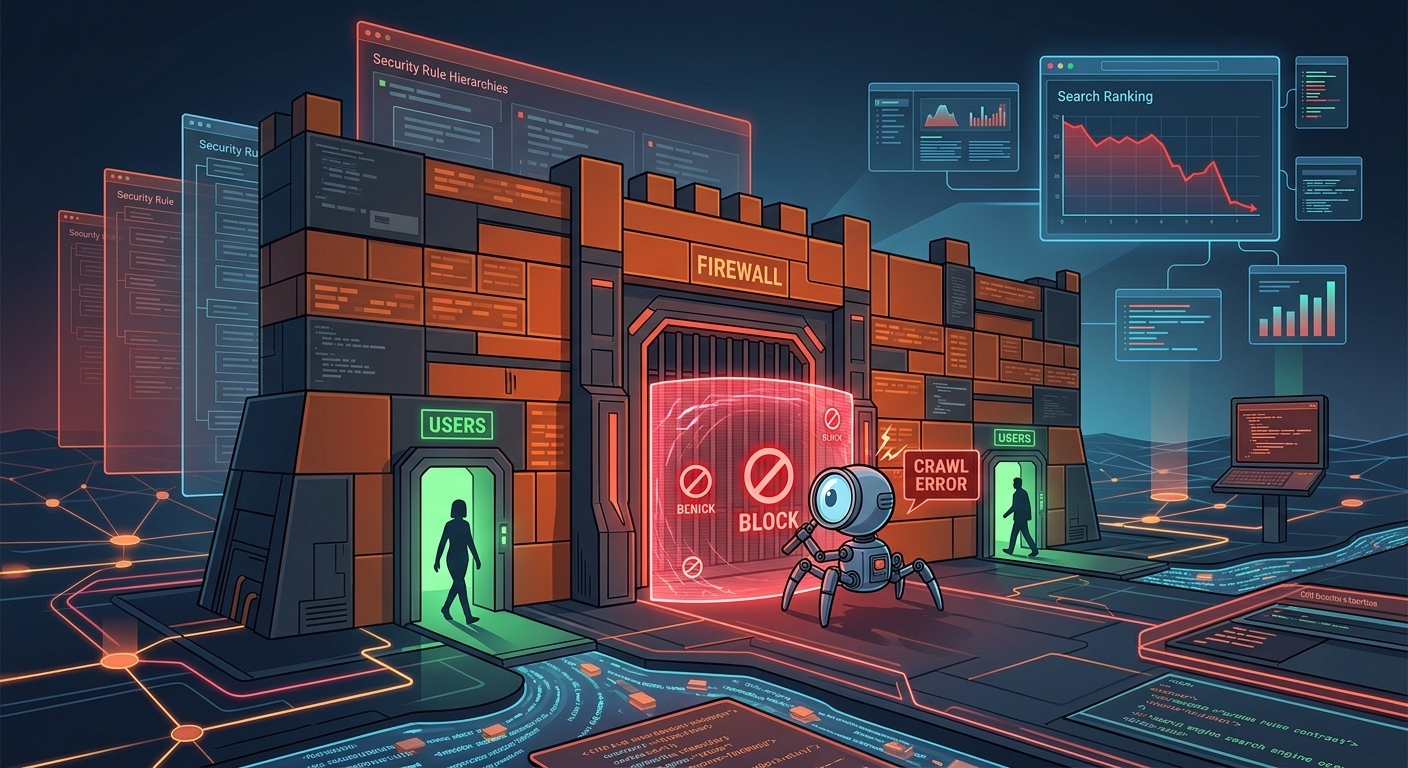 A dramatic digital illustration showing a massive, fortress-like firewall barrier with the orange and gray tones of a CDN security interface blocking a friendly search engine crawler robot. The crawler robot, resembling a small mechanical spider with a magnifying glass, is stopped at the gate of the firewall, unable to pass through, while regular human silhouettes walk freely through separate entrances on the sides. In the background, a website's search ranking graph visibly plummets downward on floating screens. The overall atmosphere is technical and slightly ominous, with glowing network nodes, data streams, and security rule hierarchies visualized as layered walls. The color palette features deep blues, oranges, and reds with neon accent lighting, rendered in a clean editorial tech illustration style.