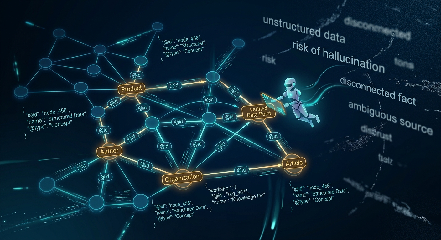 A highly detailed digital illustration depicting the concept of structured data as machine-readable knowledge infrastructure, showing a glowing interconnected network of data nodes and graph edges floating in a dark technological space, with JSON code fragments and schema entity labels like "Product," "Author," "Organization," and "Article" visibly linking together through luminous @id connectors, forming a cohesive knowledge graph web, a small humanoid AI agent navigating through the graph and precisely retrieving verified data points, contrasted with scattered, disconnected floating text fragments representing unstructured hallucination risks fading into static in the background, the overall aesthetic is clean, futuristic, deep blue and electric teal color palette with amber highlights on verified data nodes, editorial-style digital art with technical precision and clarity