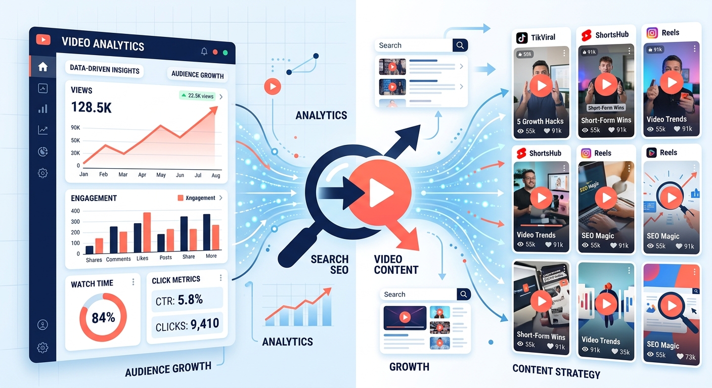 A split-screen editorial illustration showing a modern analytics dashboard on the left with graphs and click metrics, connected by flowing data lines to video content thumbnails representing short-form video platforms on the right, set against a clean white and light blue background. In the center, a stylized magnifying glass icon merges with a play button symbol, representing the intersection of search engine visibility and video content. The overall aesthetic is professional and tech-forward, with subtle grid lines, upward-trending chart elements, and abstract representations of search results pages displaying video thumbnails. The color palette uses deep navy blue, vibrant coral, and crisp white, conveying data-driven insights and digital marketing analytics. The composition feels like an infographic-style editorial image with a polished, corporate technology tone.