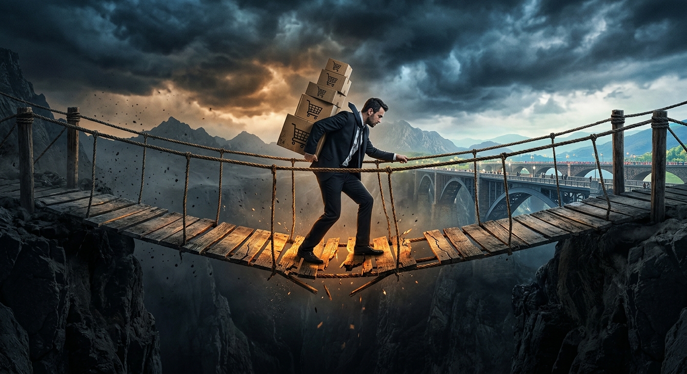 A dramatic conceptual illustration showing a single fragile wooden bridge suspended over a deep chasm, with a small figure of a businessman carrying boxes labeled with shopping cart icons crossing it alone. The bridge is visibly cracking and swaying. On the other side of the chasm, multiple sturdy parallel bridges are visible in the background, representing diversified paths. The atmosphere is tense, with stormy clouds gathering overhead. The color palette features deep blues and grays with a warning amber glow illuminating the cracking bridge. Photorealistic digital art style with a cinematic editorial quality, dramatic lighting emphasizing the risk and vulnerability of relying on a single path.