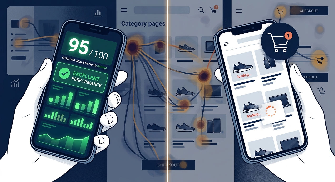 A dramatic split-screen digital illustration showing a smartphone held in a human hand on one side, displaying a glowing green performance score dashboard with a satisfied checkmark, while on the other side a shopping cart sits nearly empty on a mobile e-commerce product listing page with visible layout shifts and sluggish interaction indicators. The background subtly shows a heatmap-style overlay of user session paths through an online store, highlighting bottlenecks at category pages and product cards. The overall mood is analytical and slightly tense, rendered in a clean editorial tech style with deep navy blues, sharp whites, and accent colors of green and amber, conveying the disconnect between a perfect lab score and real customer experience on mobile devices.