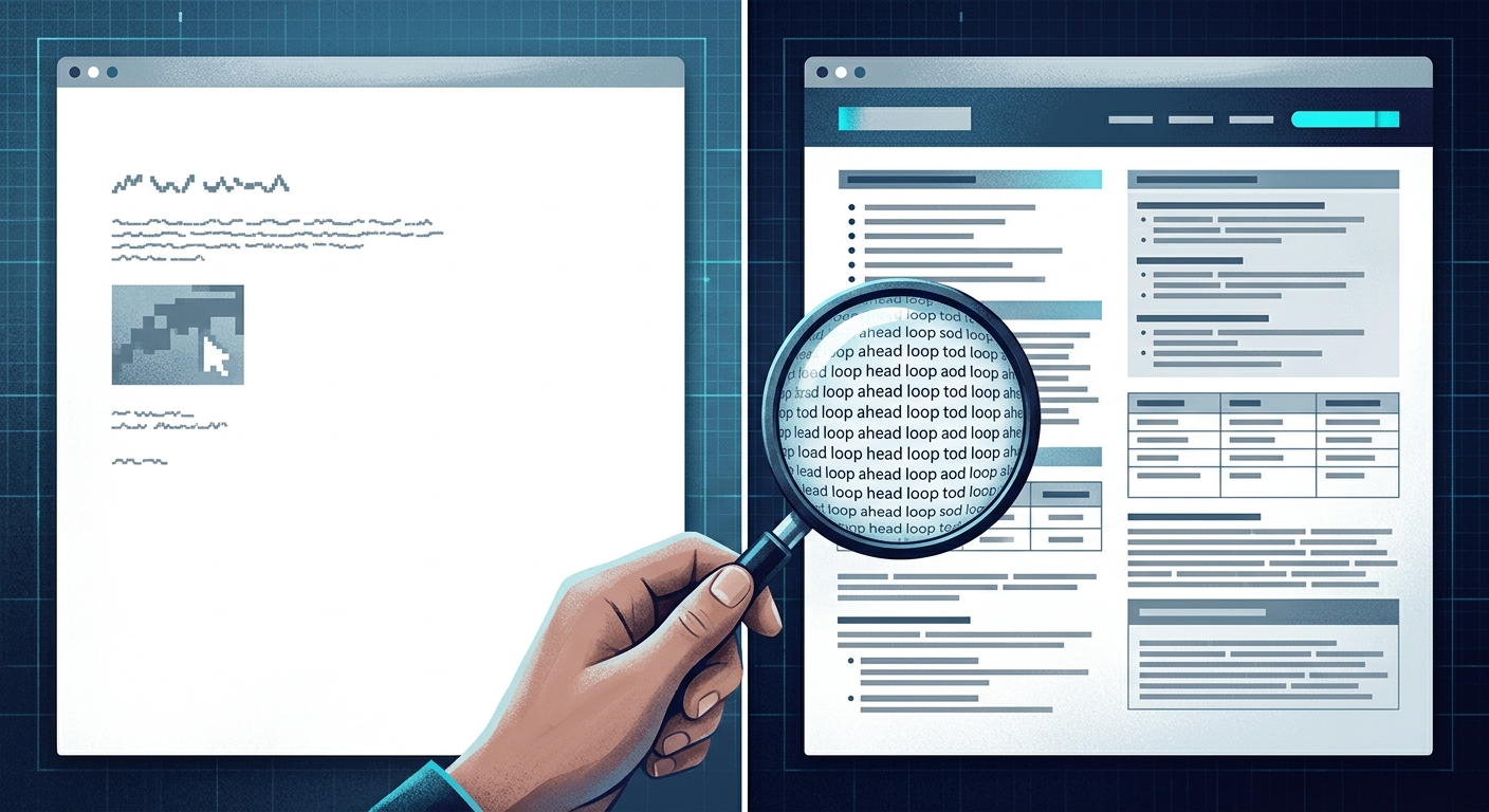 A dramatic split-screen editorial illustration showing the evolution of web content quality. On the left side, a sparse, nearly empty webpage with just a few lines of text representing old thin content — visually barren, clearly hollow. On the right side, a deceptively full webpage with structured headings, bullet points, tables, and paragraphs, but filled with generic, indistinguishable grey placeholder text — visually dense yet completely hollow inside, like a beautifully decorated empty shell. In the center between the two panels, a magnifying glass held by a human hand reveals that the right-side content is made of endlessly repeated, identical patterns — a visual metaphor for substance-free but formally correct AI-generated text. The background has a subtle digital grid aesthetic suggesting search engine algorithms and ranking systems. The overall color palette is cool blue and grey with sharp white highlights, conveying a technical, analytical editorial tone. No text or labels visible in the image.