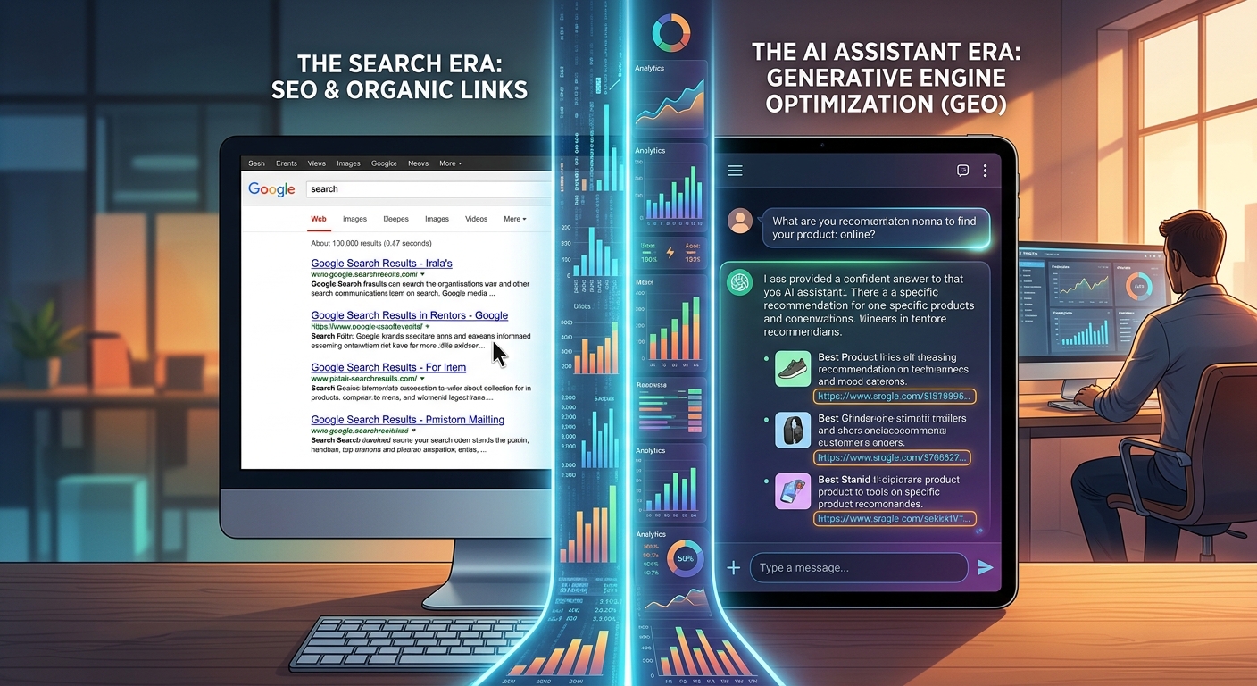A split-scene editorial illustration showing the evolution of web traffic sources: on the left side, a traditional Google search results page with multiple blue links and a cursor hovering over one, representing classic SEO; on the right side, a sleek AI chat assistant interface displaying a short, confident answer with three product recommendations and glowing citation links, representing GEO. Between the two scenes, a subtle flow of digital data streams and analytics charts showing a new traffic channel emerging and growing. In the background, a modern e-commerce office setting with a person at a desk reviewing analytics dashboards on a large monitor, warm ambient lighting, clean and professional aesthetic. Photorealistic digital art style with a tech-forward, editorial magazine feel, cool blues and warm accent tones.