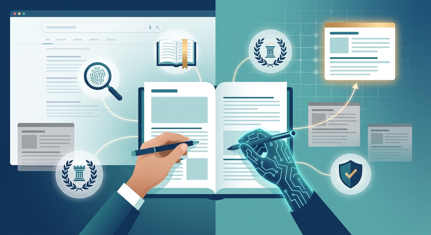 Editorial-style conceptual illustration in a clean modern flat-design aesthetic: a split-composition digital artwork showing a human hand and a glowing AI circuit-pattern hand together writing on a large open document or webpage layout, symbolizing collaboration between human expertise and artificial intelligence. Around the central document, four subtle iconographic elements float and connect via thin glowing lines — a magnifying glass over a fingerprint (experience), an open book with a graduation-style ribbon (expertise), a laurel wreath around a small tower or pillar (authority), and a shield with a checkmark (trust). In the background, a faint search engine results interface and a soft algorithmic grid pattern suggest search rankings shifting and being filtered, with some duplicate, grayed-out "low quality" content blocks fading away while one clean, highlighted, well-structured content block glows and rises to the top. Color palette: deep blue, teal, and white with warm accent gold highlighting the trustworthy content. Style: polished corporate-editorial illustration, vector-like precision, soft gradients, subtle depth, high-quality tech/business magazine cover aesthetic, no text or logos anywhere in the image.